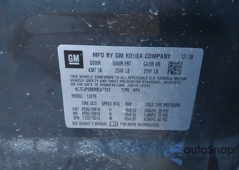 2021 Chevrolet Trax Awd Lt z USA, uszkodzony, nr VIN KL7CJPSB8MB347312